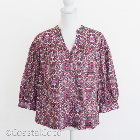 Avara Blouse Top L Pink Abstract Relaxed 100% Cotton Artsy Bohemian Officewear - Picture 1 of 11